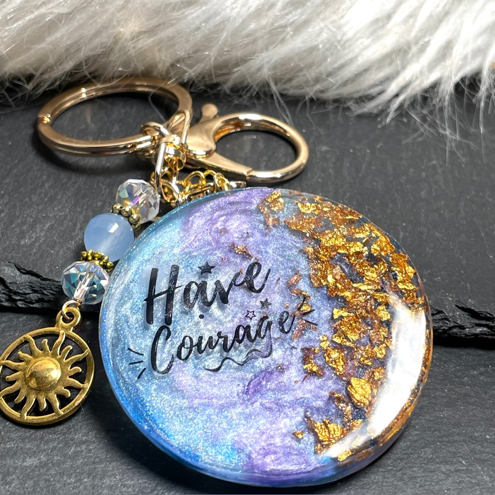 Custom Purple and Gold Keychain with Inspirational Message Crystal Charm